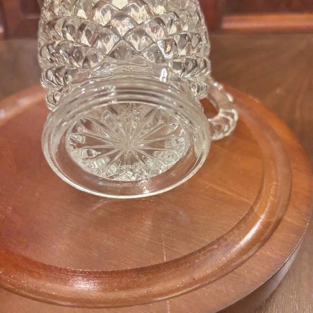 Vintage Clear Pressed Glass Creamer Diamond Pattern Footed Pitcher Scalloped Rim